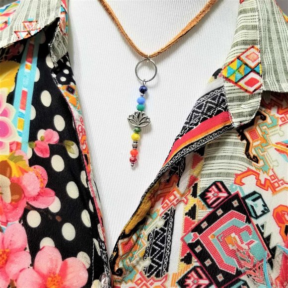 Artisan Hand Crafted Necklace Chakras Rainbow Color Silver Lotus Faux Suede Cord - Picture 9 of 9